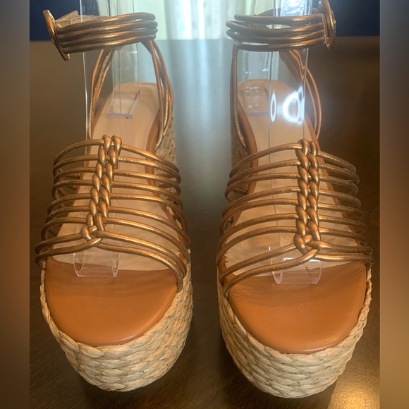 💫HP‼️💫 NIB ANTHROPOLOGIE Maeve Raffia Platform Heels in Bronze, Size 38 (US 7.5) - Picture 7 of 11